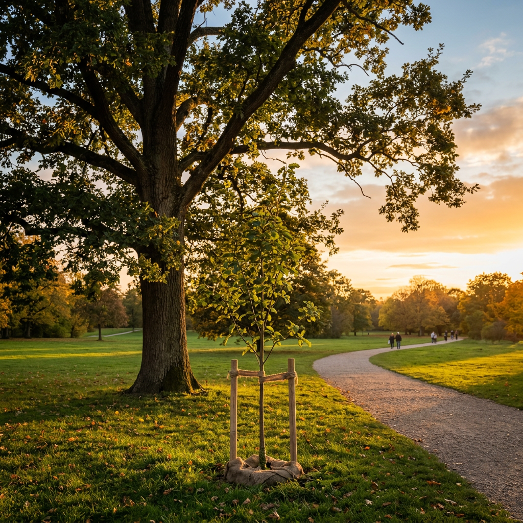 Winding park path with large tree and small supported tree at sunset